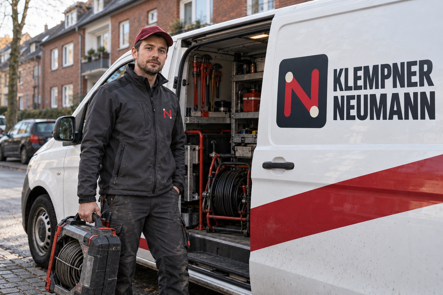 Monteur von Klempner Neumann vor dem Einsatzfahrzeug