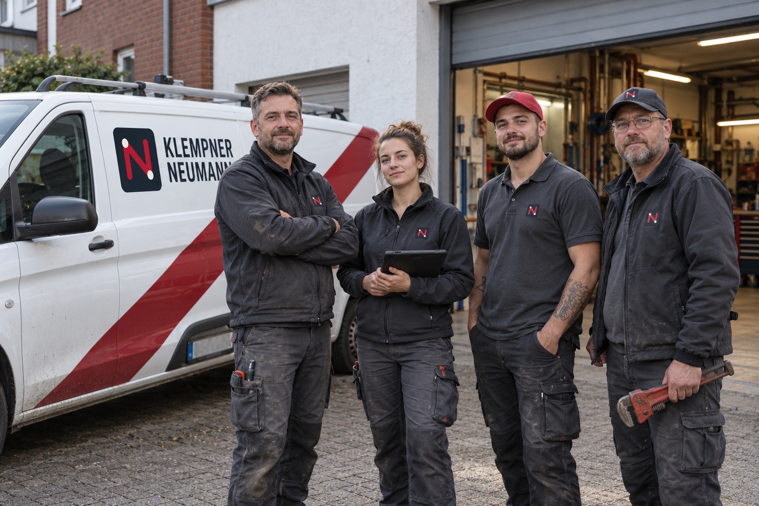Das Team von Klempner Neumann vor der Werkstatt